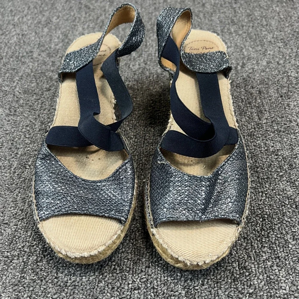 Toni Pons Boho Metallic Espadrille Wedge Sandals 40 Blue Silver Sparkle Spain